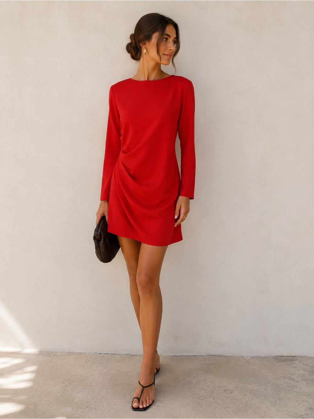 H&M Red Long-Sleeve Draped Women's Dress